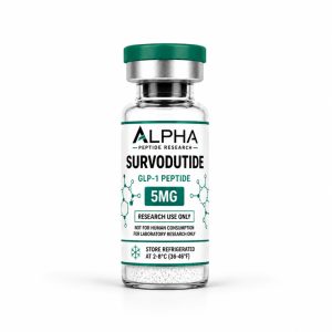 Alpha Peptide Research Survodutide 5mg GLP-1 lyophilized research peptide vial with emerald green molecular bond graphics for scientific and laboratory research.