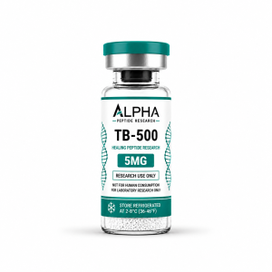 Alpha Peptide Research TB-500 5mg laboratory research vial with teal Healing Peptide Research branding.