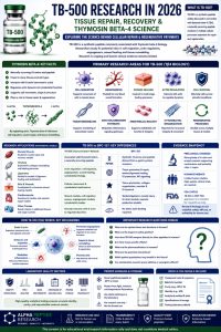 TB-500 research infographic covering thymosin beta-4, tissue repair, cell migration, angiogenesis, wound healing, actin regulation, and laboratory research quality.
