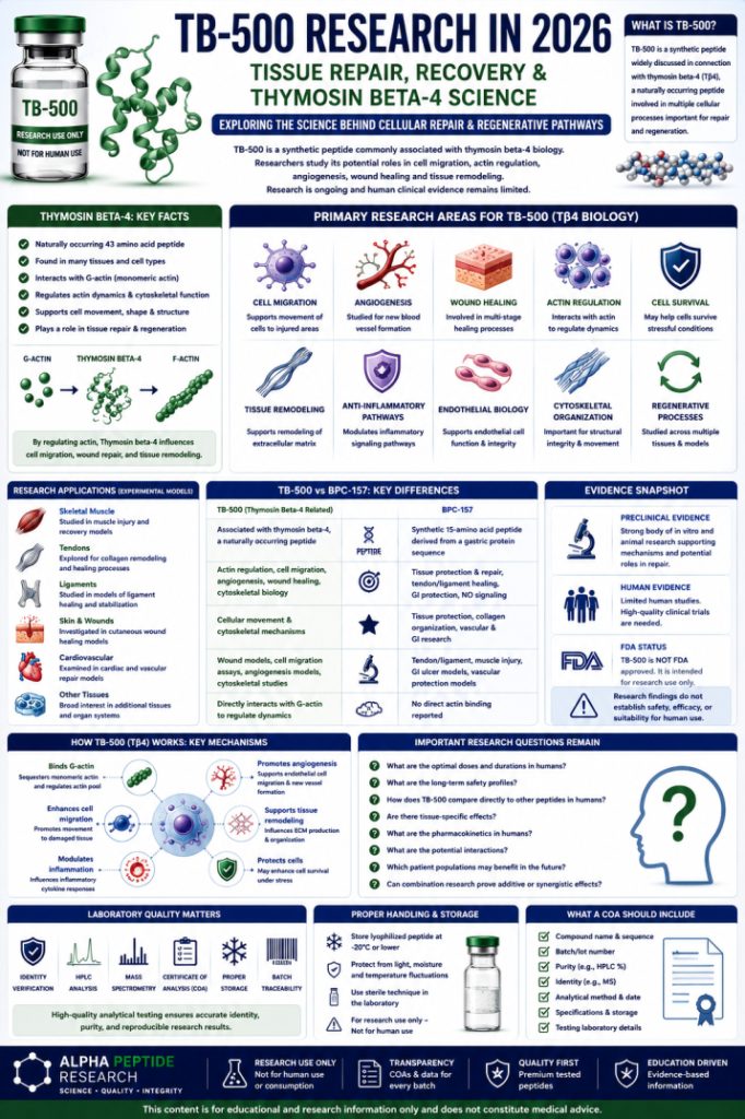 TB-500 research infographic covering thymosin beta-4, tissue repair, cell migration, angiogenesis, wound healing, actin regulation, and laboratory research quality.
