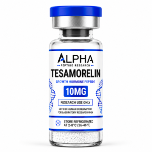 Alpha Peptide Research Tesamorelin 10mg Growth Hormone lyophilized research peptide vial with royal blue DNA helix graphics for scientific and laboratory research.