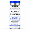 Alpha Peptide Research Tesamorelin 2mg Growth Hormone lyophilized research peptide vial with royal blue DNA helix graphics for scientific and laboratory research.