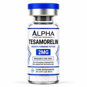 Alpha Peptide Research Tesamorelin 2mg Growth Hormone lyophilized research peptide vial with royal blue DNA helix graphics for scientific and laboratory research.