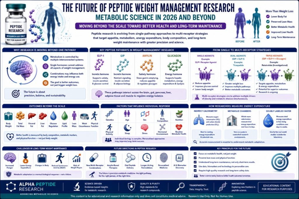 Scientific infographic on the future of peptide weight management research, featuring GLP-1, GIP, amylin, glucagon, multi-receptor strategies, body composition, and metabolic health.