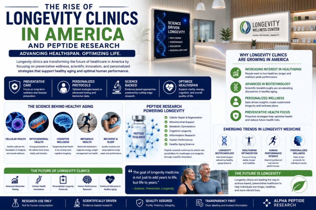 Scientific infographic illustrating the rise of longevity clinics in America and their role in healthy aging, peptide research, and longevity medicine.