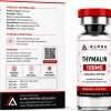 Alpha Peptide Research Thymalin 100mg research peptide featuring a technical information product box and a laboratory-grade lyophilized peptide vial with visible molecular bond graphics for scientific research.