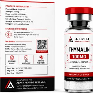 Alpha Peptide Research Thymalin 100mg research peptide featuring a technical information product box and a laboratory-grade lyophilized peptide vial with visible molecular bond graphics for scientific research.