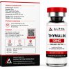 Alpha Peptide Research Thymalin 10mg research peptide featuring the technical information product box and laboratory-grade lyophilized peptide vial for scientific research.