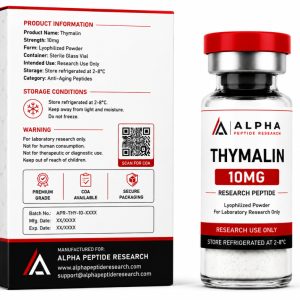 Alpha Peptide Research Thymalin 10mg research peptide featuring the technical information product box and laboratory-grade lyophilized peptide vial for scientific research.