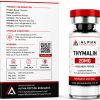 Alpha Peptide Research Thymalin 20mg research peptide featuring a technical information product box and a laboratory-grade lyophilized peptide vial with visible molecular bond graphics for scientific research.
