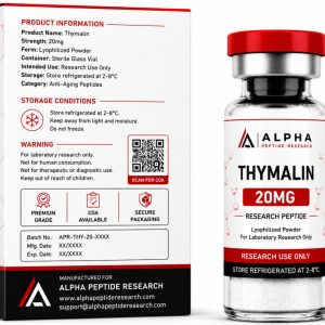 Alpha Peptide Research Thymalin 20mg research peptide featuring a technical information product box and a laboratory-grade lyophilized peptide vial with visible molecular bond graphics for scientific research.