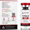 Alpha Peptide Research Thymalin 50mg research peptide featuring a technical information product box and a laboratory-grade lyophilized peptide vial with visible molecular bond graphics for scientific research.