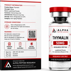 Alpha Peptide Research Thymalin 50mg research peptide featuring a technical information product box and a laboratory-grade lyophilized peptide vial with visible molecular bond graphics for scientific research.