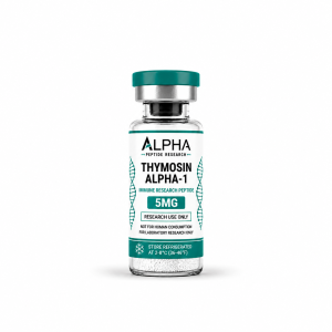 Alpha Peptide Research Thymosin Alpha-1 5mg laboratory research vial with teal Healing Peptides branding.