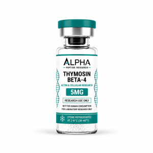 Alpha Peptide Research Thymosin Beta-4 5mg laboratory research vial with teal Healing Peptides branding.