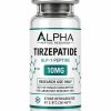 Alpha Peptide Research Tirzepatide 10mg GLP-1 lyophilized research peptide vial with emerald green molecular bond graphics for scientific and laboratory research.