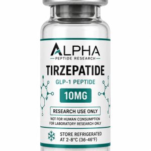 Alpha Peptide Research Tirzepatide 10mg GLP-1 lyophilized research peptide vial with emerald green molecular bond graphics for scientific and laboratory research.