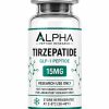 Alpha Peptide Research Tirzepatide 15mg GLP-1 lyophilized research peptide vial with emerald green molecular bond graphics for scientific and laboratory research.