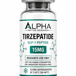 Alpha Peptide Research Tirzepatide 15mg GLP-1 lyophilized research peptide vial with emerald green molecular bond graphics for scientific and laboratory research.