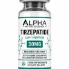 Alpha Peptide Research Tirzepatide 30mg GLP-1 lyophilized research peptide vial with emerald green molecular bond graphics for scientific and laboratory research.