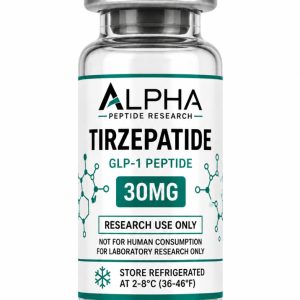 Alpha Peptide Research Tirzepatide 30mg GLP-1 lyophilized research peptide vial with emerald green molecular bond graphics for scientific and laboratory research.