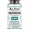 Alpha Peptide Research Tirzepatide 60mg GLP-1 lyophilized research peptide vial with emerald green molecular bond graphics for scientific and laboratory research.