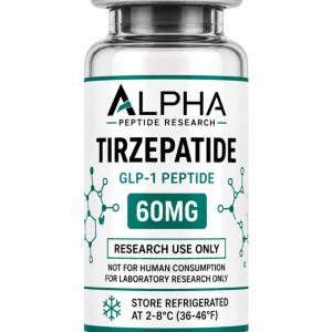 Alpha Peptide Research Tirzepatide 60mg GLP-1 lyophilized research peptide vial with emerald green molecular bond graphics for scientific and laboratory research.