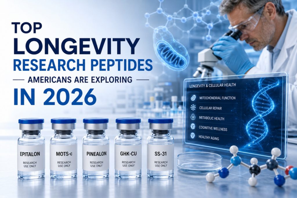Top longevity research peptides in 2026 including Epitalon, MOTS-c, Pinealon, GHK-Cu, and SS-31 featured in a modern biotechnology laboratory focused on healthy aging and cellular health research.
