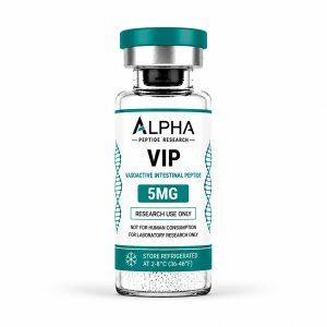 Alpha Peptide Research VIP 5mg Vasoactive Intestinal Peptide laboratory research vial with teal branding.
