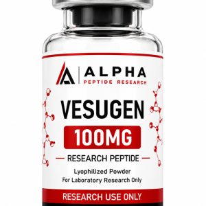 Alpha Peptide Research Vesugen 100mg lyophilized research peptide vial with visible molecular bond graphics for scientific and laboratory research.