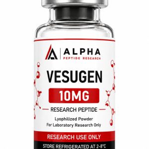 Alpha Peptide Research Vesugen 10mg lyophilized research peptide vial with visible molecular bond graphics for scientific and laboratory research.