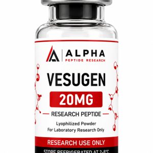 Alpha Peptide Research Vesugen 20mg lyophilized research peptide vial with visible molecular bond graphics for scientific and laboratory research.