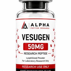 Alpha Peptide Research Vesugen 50mg lyophilized research peptide vial with visible molecular bond graphics for scientific and laboratory research.