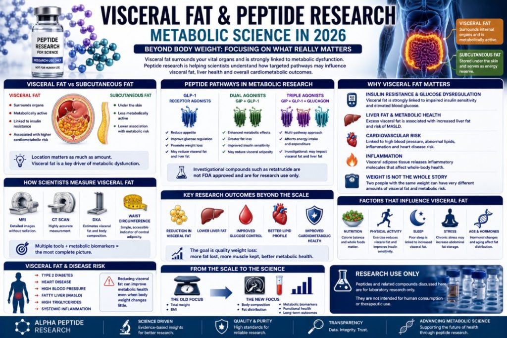 Scientific infographic about visceral fat and peptide research showing GLP-1, dual and triple agonist pathways, metabolic health, and body composition research.