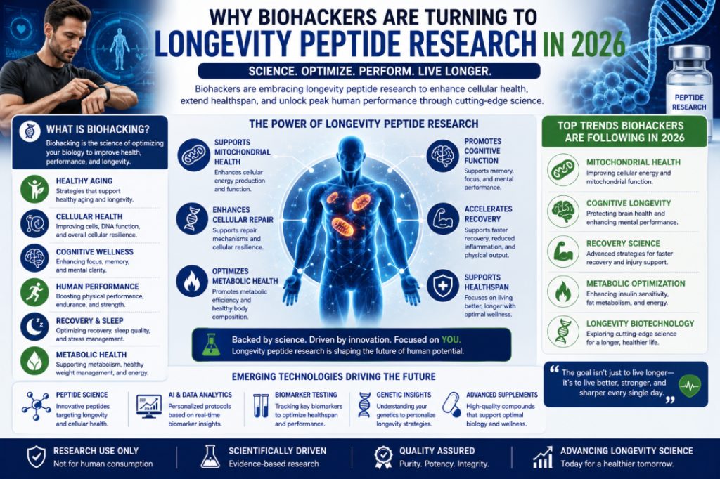 Scientific infographic explaining why biohackers are exploring longevity peptide research for healthy aging, human performance, and cellular health optimization in 2026.