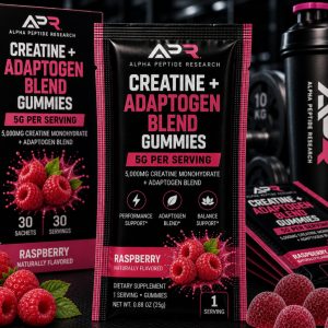 Creatine + Adaptogen Blend Gummies 5g Raspberry individual sachet with 5,000mg creatine monohydrate per serving.
