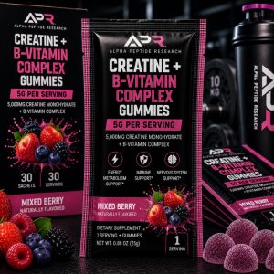 Creatine + B-Vitamin Complex Gummies 5g Mixed Berry individual sachet with 5,000mg creatine monohydrate per serving.