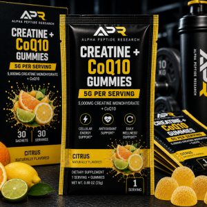 Creatine + CoQ10 Gummies 5g Citrus individual sachet with 5,000mg creatine monohydrate per serving.