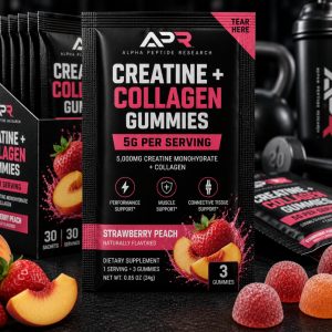 Creatine + Collagen Gummies 5g Strawberry Peach individual sachet with 5,000mg creatine monohydrate per serving.
