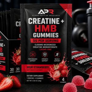 Creatine + HMB Gummies 5g Sour Strawberry individual sachet with 5,000mg micronized creatine monohydrate and 1,500mg HMB per serving.
