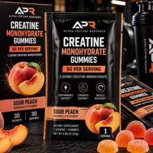 Creatine Monohydrate Gummies 5g Sour Peach individual sachet with 5,000mg creatine per serving.