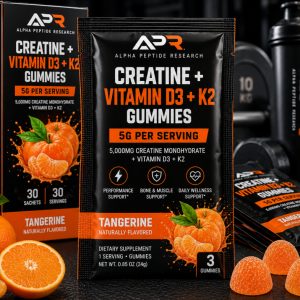 Creatine + Vitamin D3 + K2 Gummies 5g Tangerine individual sachet with 5,000mg creatine monohydrate per serving.