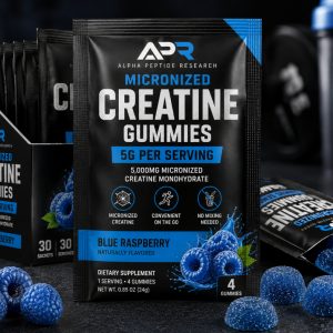 Micronized Creatine Gummies 5g Blue Raspberry in individual sachets with 5,000mg creatine monohydrate per serving.
