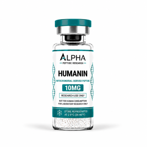 Alpha Peptide Research Humanin 10mg mitochondrial-derived research peptide vial with teal branding on a white background.