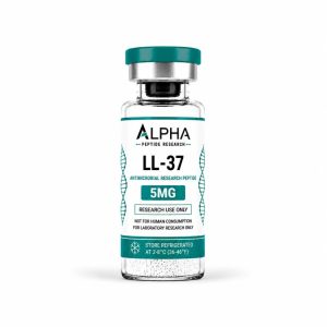Alpha Peptide Research LL-37 5mg antimicrobial research peptide vial with teal Healing Peptides branding.
